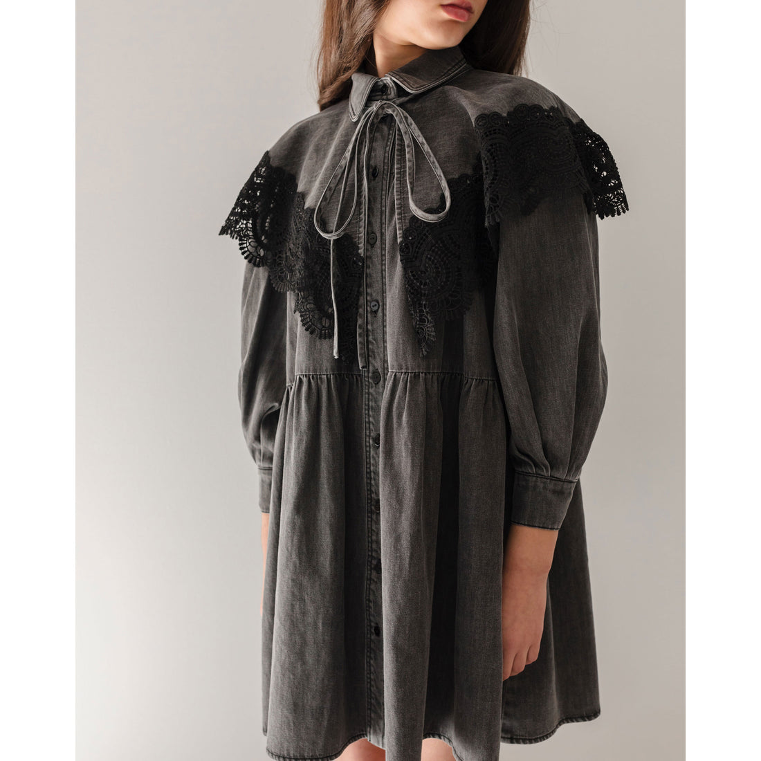 Petite Pink Black Wash Chambray Lace Collar Dress