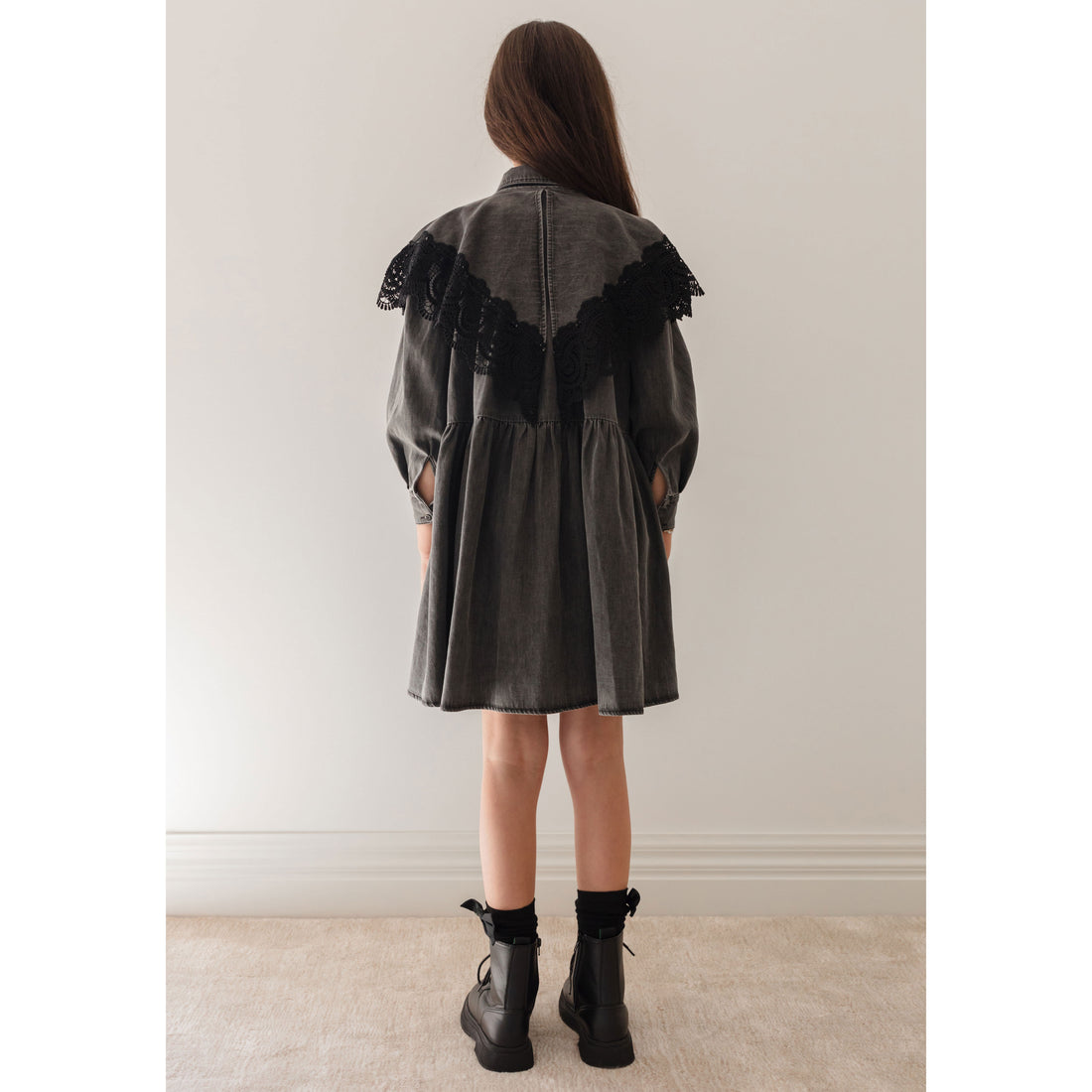 Petite Pink Black Wash Chambray Lace Collar Dress