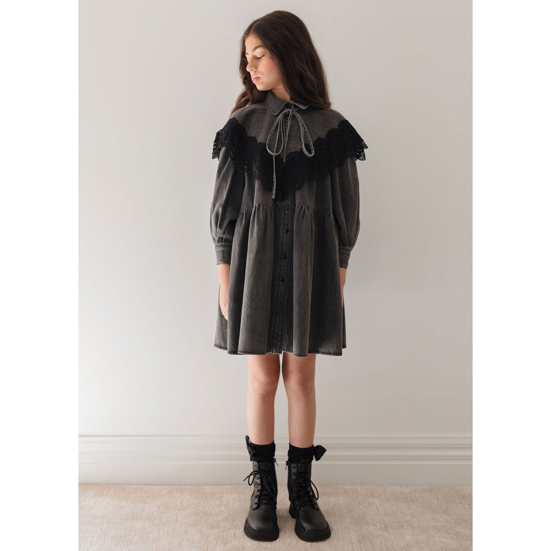 Petite Pink Black Wash Chambray Lace Collar Dress