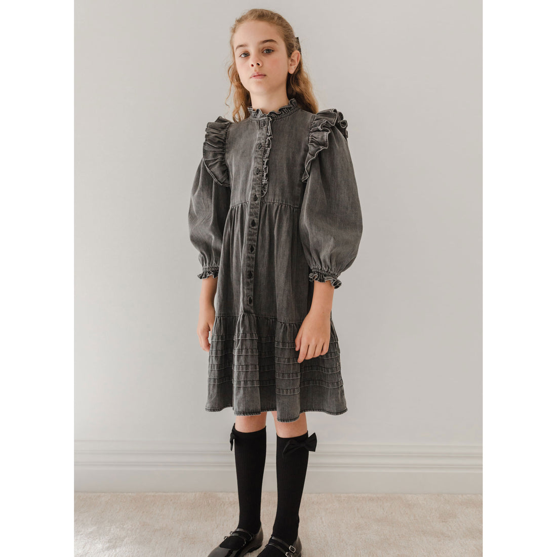 Petite Pink Black Wash Chambray Lace Collar Dress