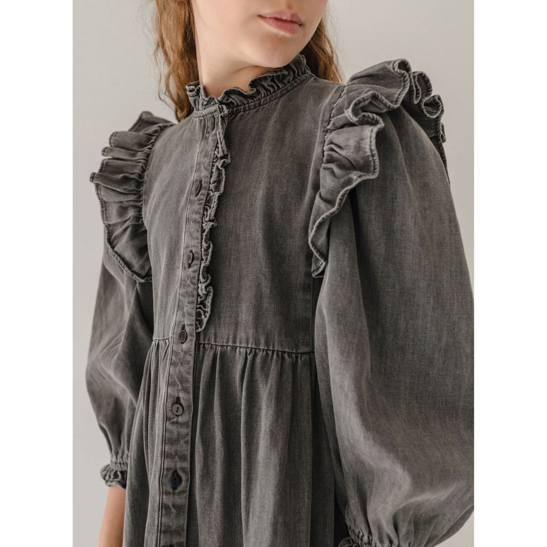 Petite Pink Black Wash Chambray Lace Collar Dress