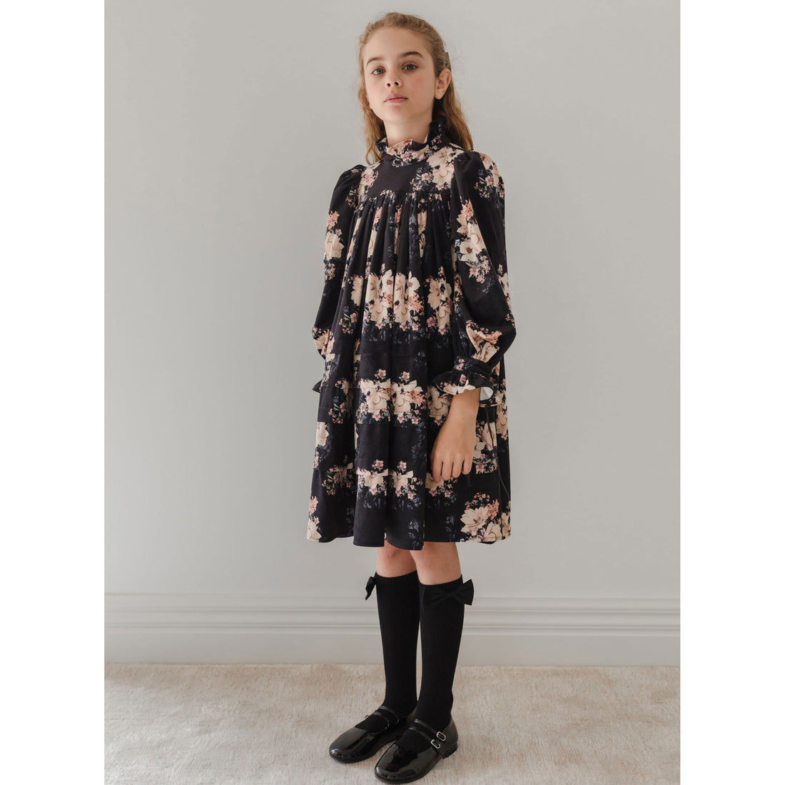 Petite Pink Black Bouquet Print Cord Dress
