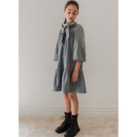 Petite Pink Steel Blue Cord Bow Neck Dress