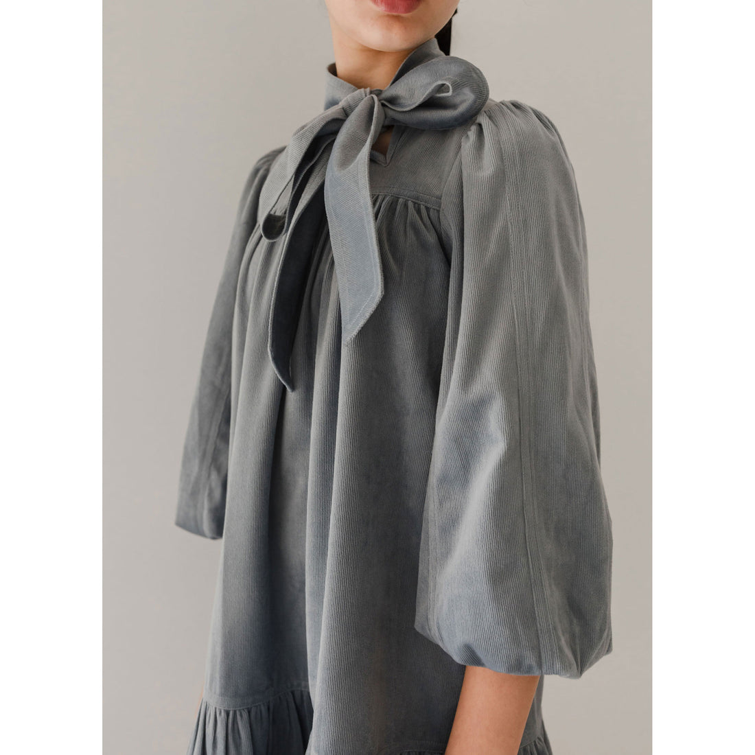 Petite Pink Steel Blue Cord Bow Neck Dress