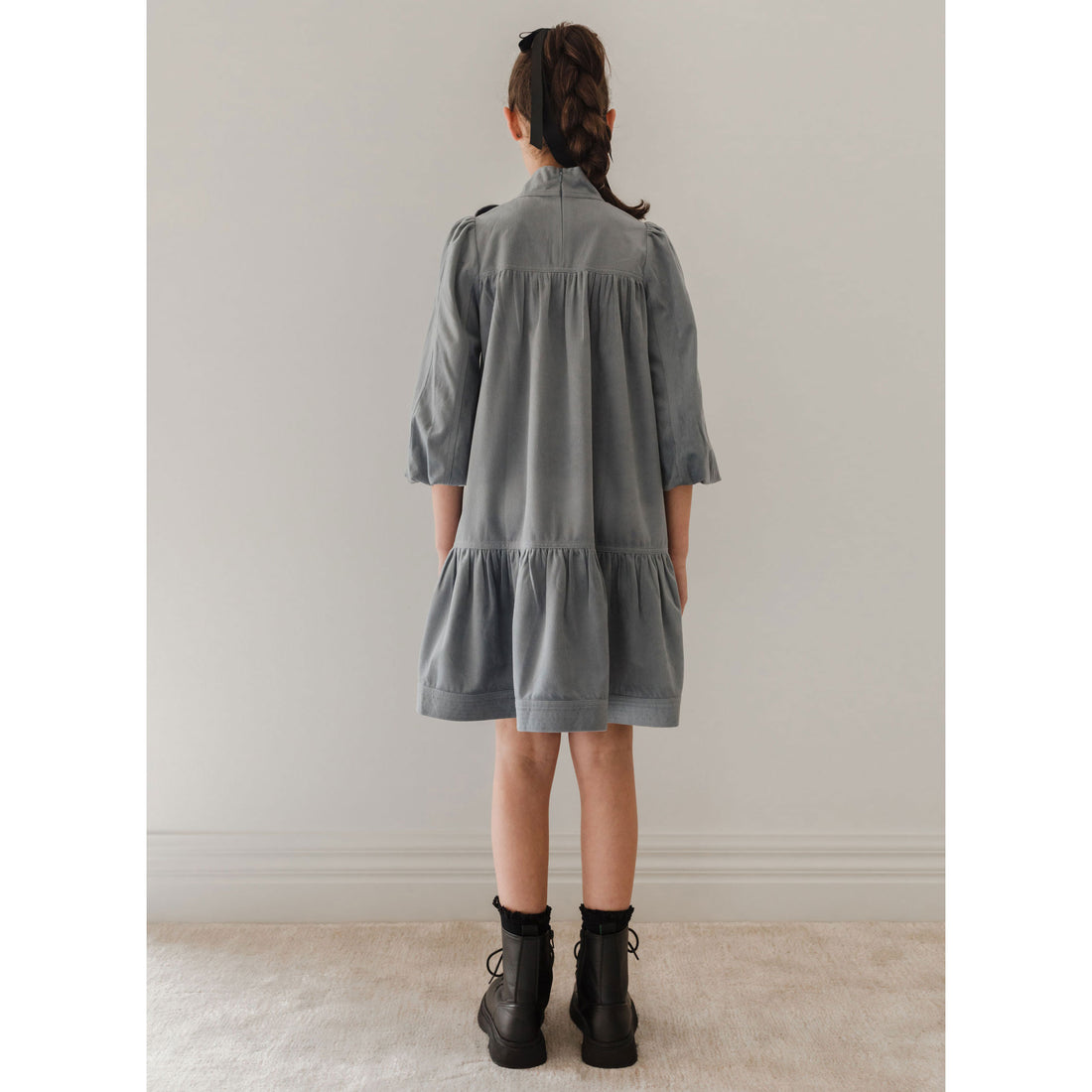 Petite Pink Steel Blue Cord Bow Neck Dress