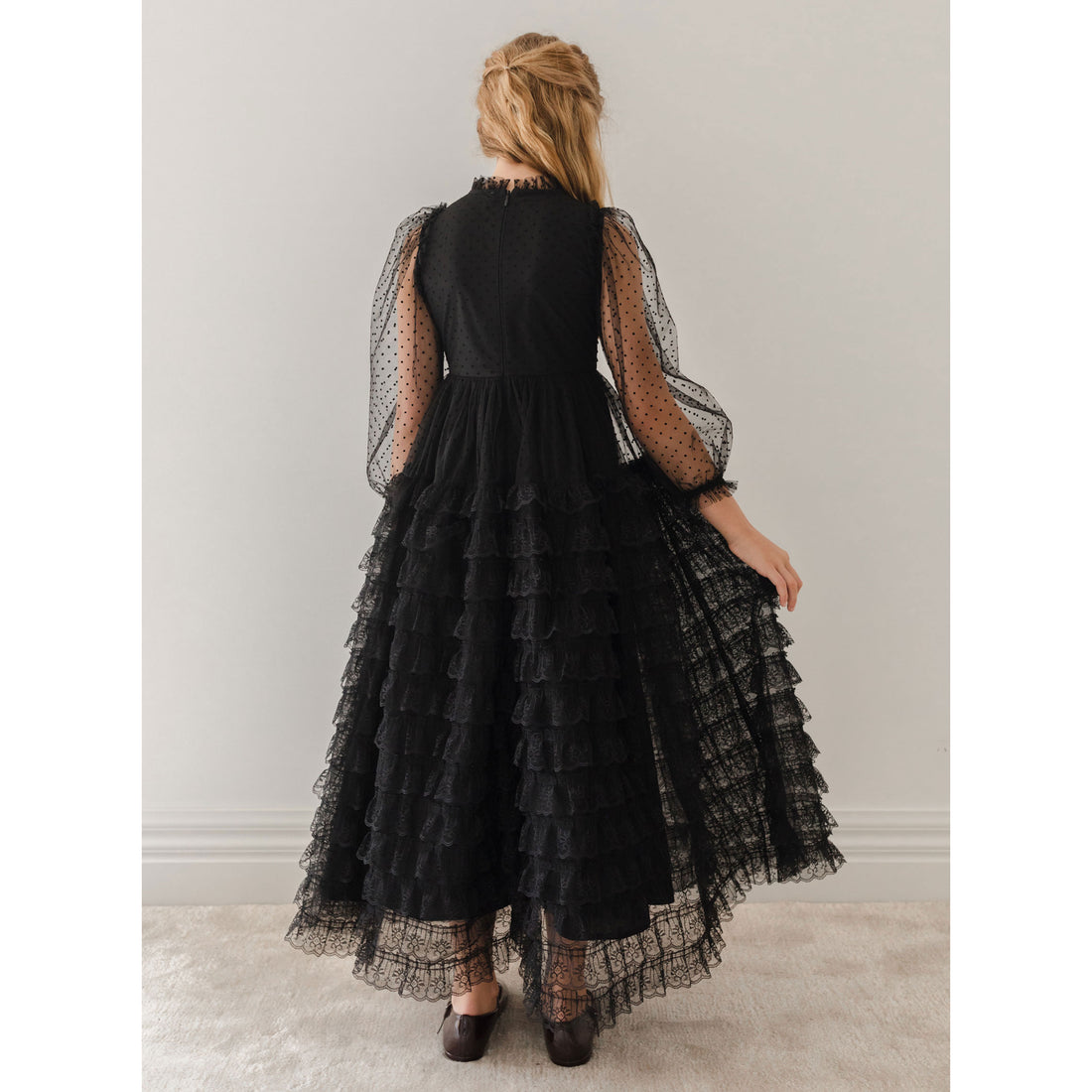 Petite Gold Black Layered Long Lace Gown