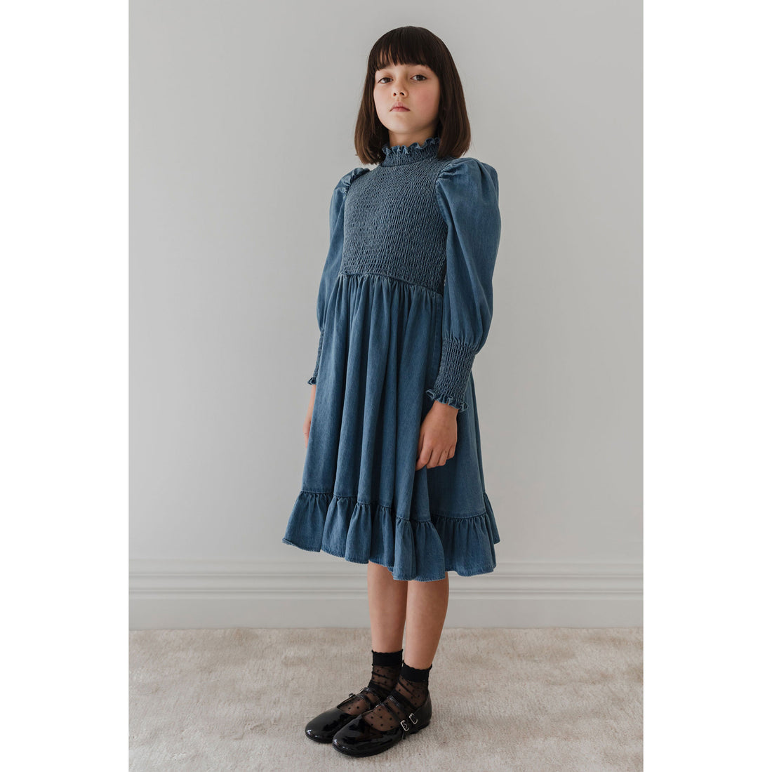 Petite Pink Dark Blue Chambray Shirred Dress