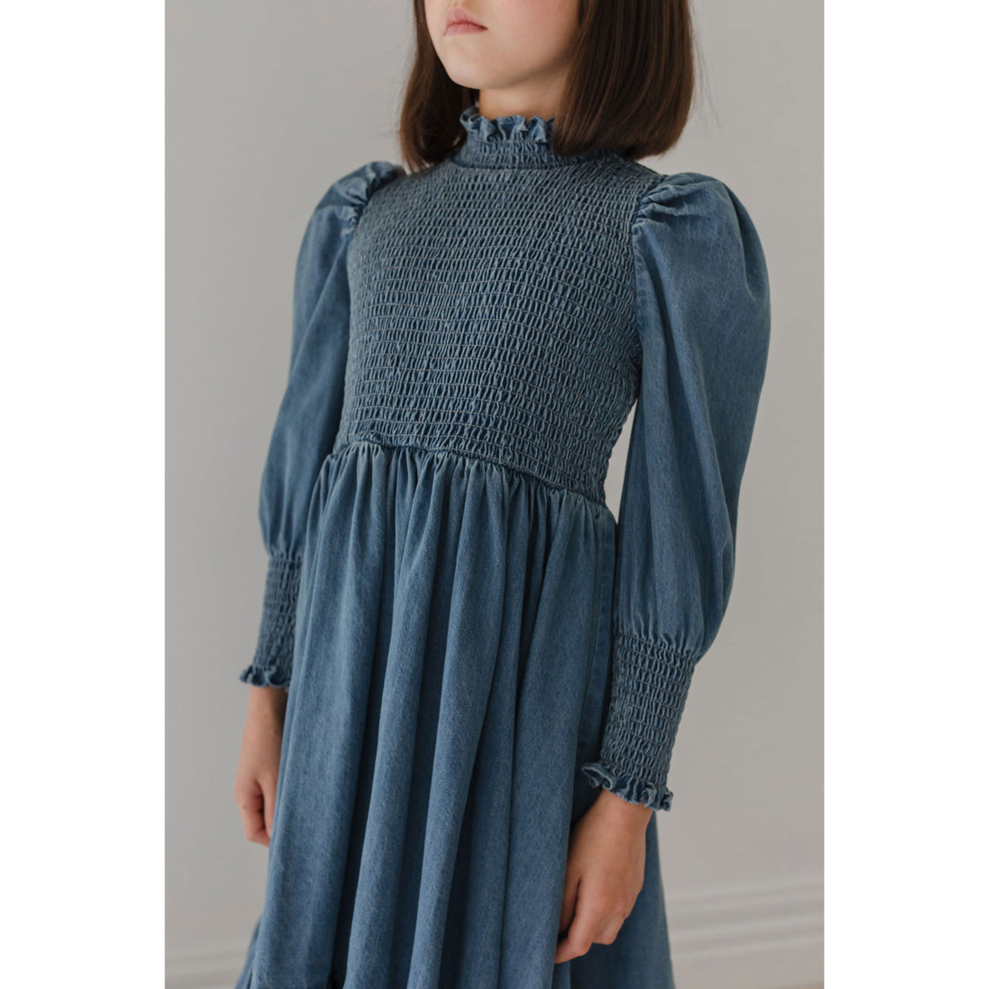 Petite Pink Dark Blue Chambray Shirred Dress