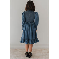 Petite Pink Dark Blue Chambray Shirred Dress