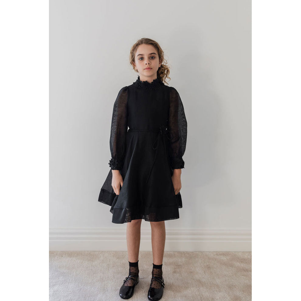 Petite Amalie Black Silk Linen  Flower Applique Dress