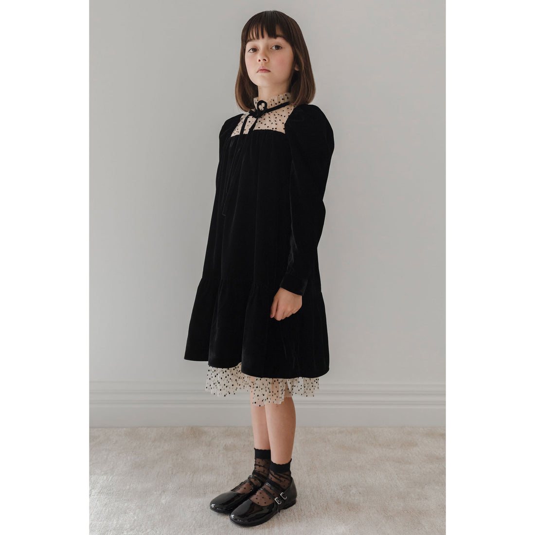 Petite Amalie Black Flock Spot Mesh & Velvet Dress