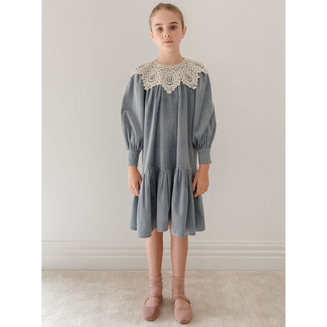 Petite Pink Steel Blue Cord Crochet Collar Dress