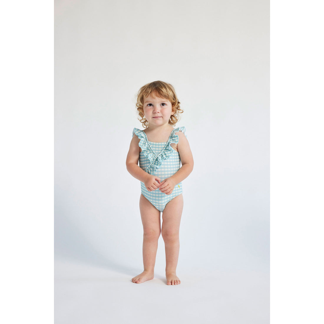 Bobo Choses Aqua Blue Baby Vichy Ruffle Swimsuit