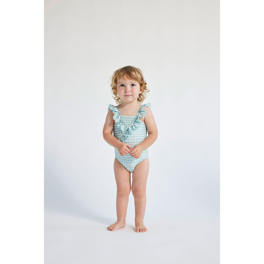 Bobo Choses Aqua Blue Baby Vichy Ruffle Swimsuit