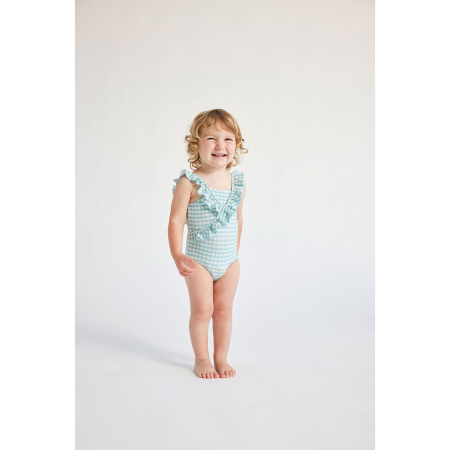 Bobo Choses Aqua Blue Baby Vichy Ruffle Swimsuit