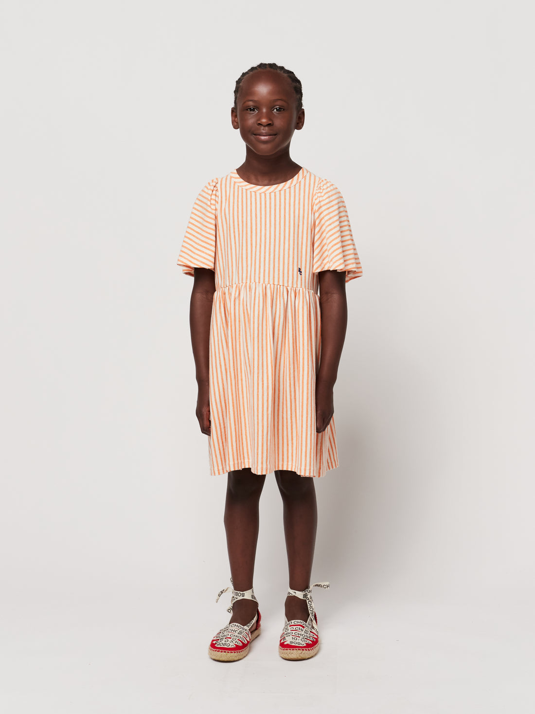 Bobo Choses Orange Vertical Stripes Ruffle Sleeves Dress