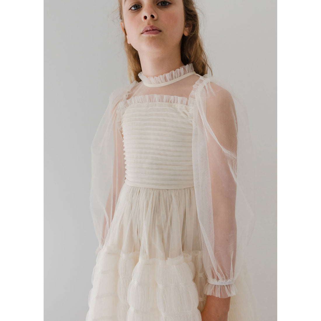Petite Gold Cream Smocked Tulle Dress