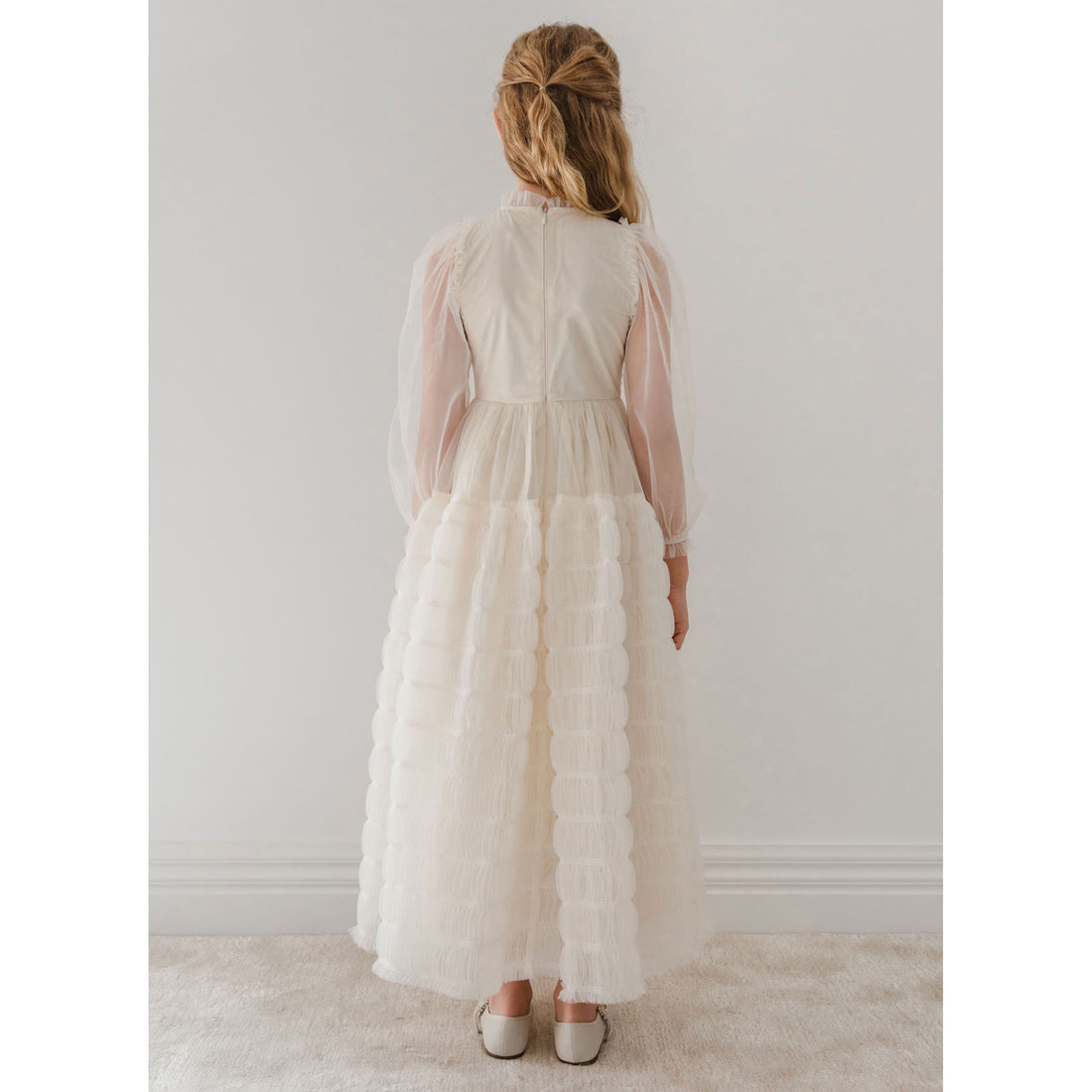 Petite Gold Cream Smocked Tulle Dress