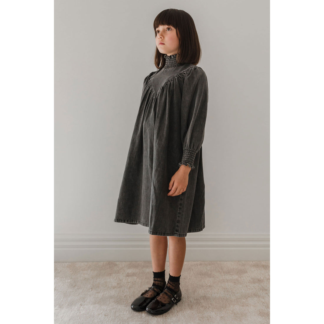 Petite Pink Black Wash Chambray Shirred Neck Babydoll Dress
