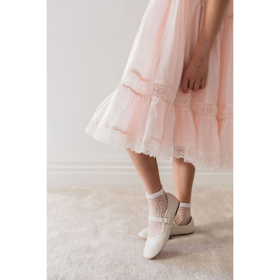 Petite Amalie Soft Peach Poppy Lace Trim Linen Dress