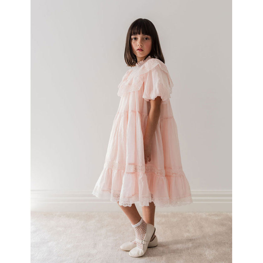 Petite Amalie Soft Peach Poppy Lace Trim Linen Dress