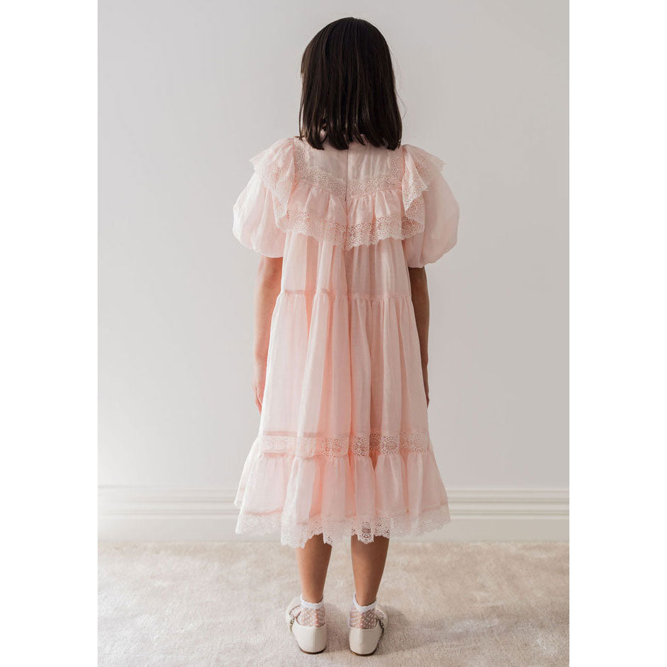 Petite Amalie Soft Peach Poppy Lace Trim Linen Dress