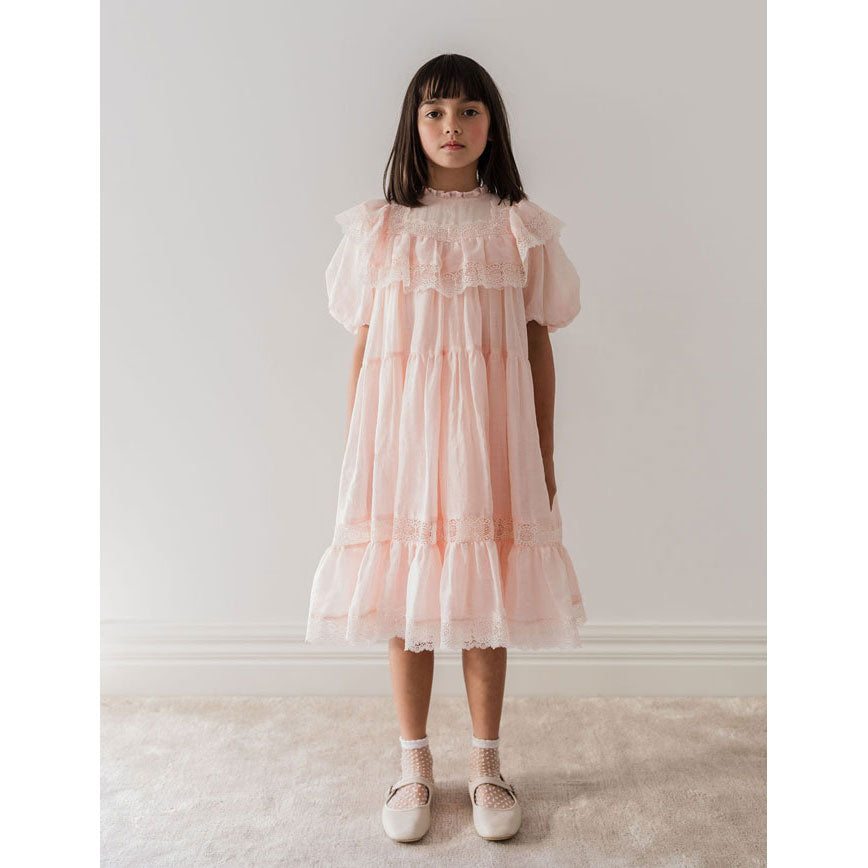 Petite Amalie Soft Peach Poppy Lace Trim Linen Dress