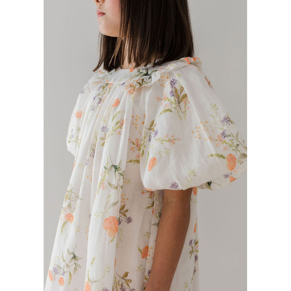 Petite Amalie White Summer Bouquet Linen Smock Dress