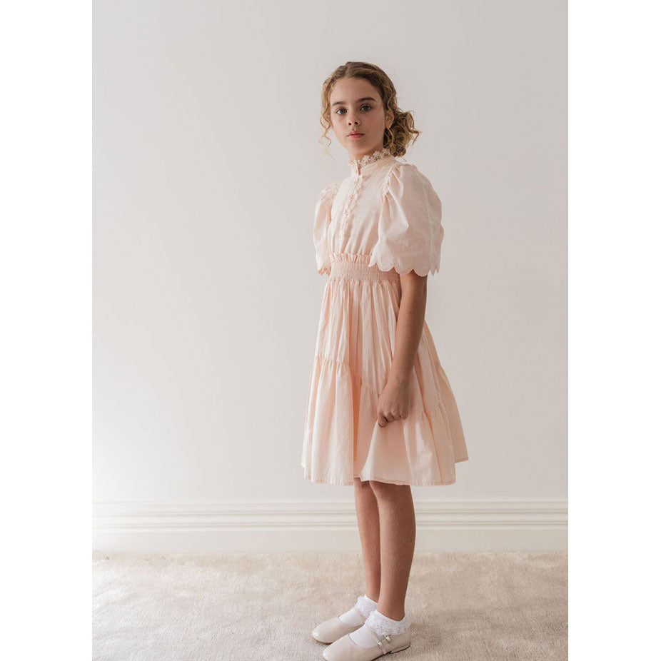 petite amalie pink cream shirred waist dress Girls' Dresses | Designer Occasionwear & Party Dresses
