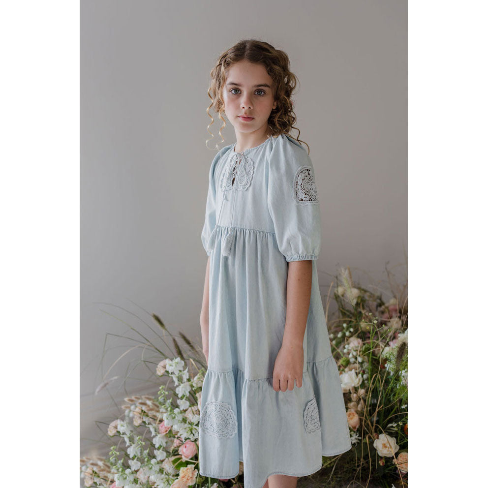 Steph Pale Wash Chambray Crochet Doily Dress Ladida Steph Pale Wash Chambray Crochet Doily Dress Ladida