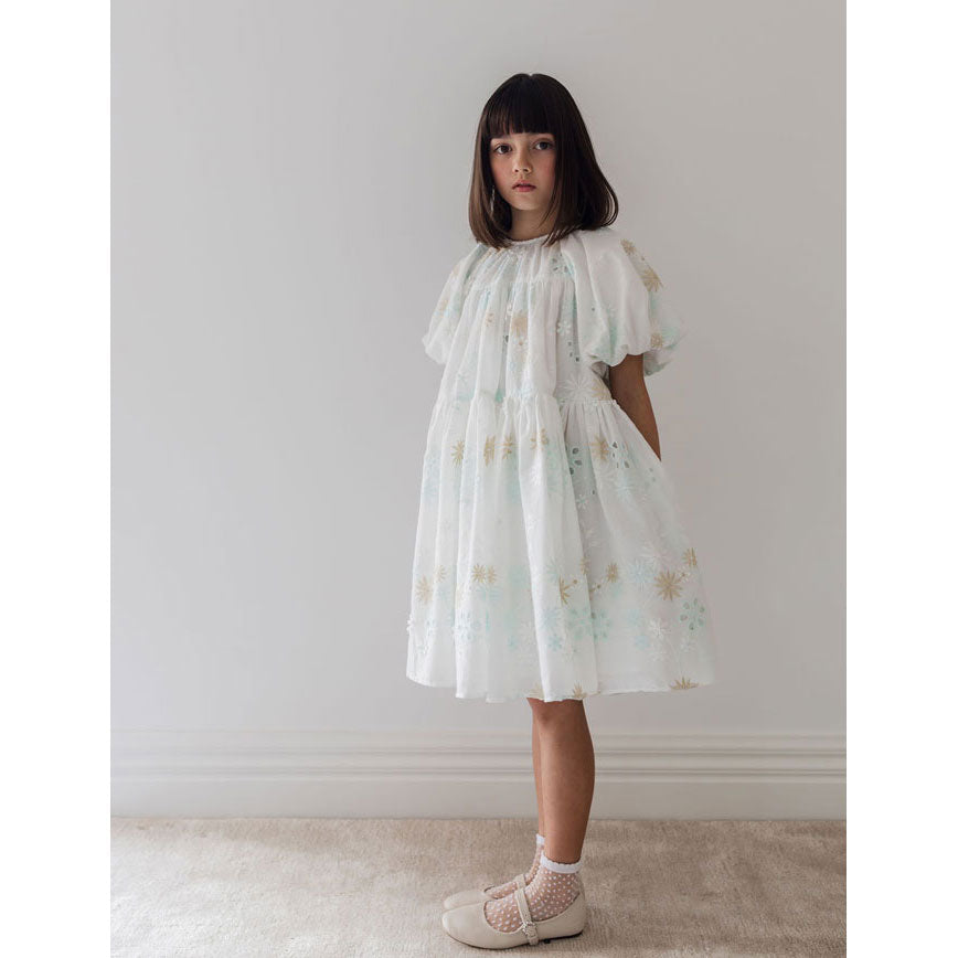 Petite Amalie White/Seafoam Applique Babydoll Dress