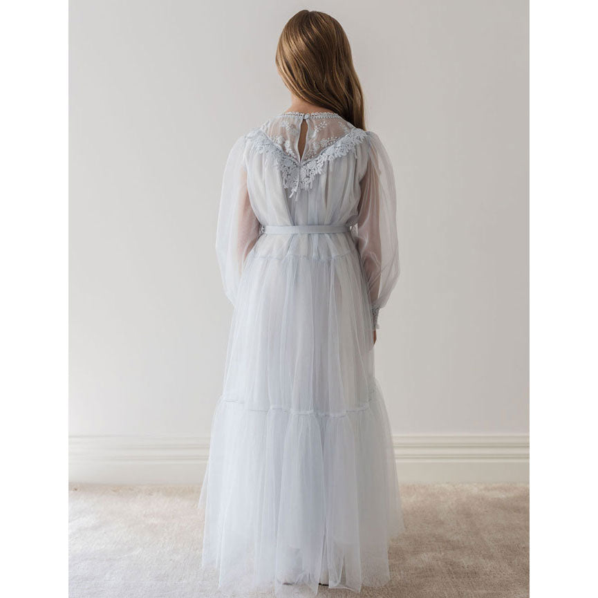 Petite Gold Soft Blue Vintage Yoke Tulle Dress