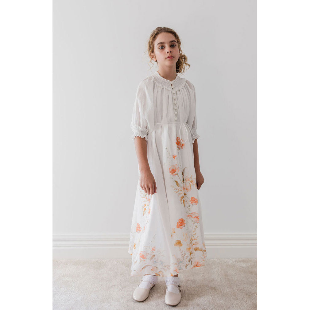 Petite Amalie White Border Floral Linen Dress