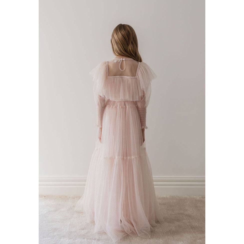 Petite Gold Soft Pink Glitter Tulle Gown