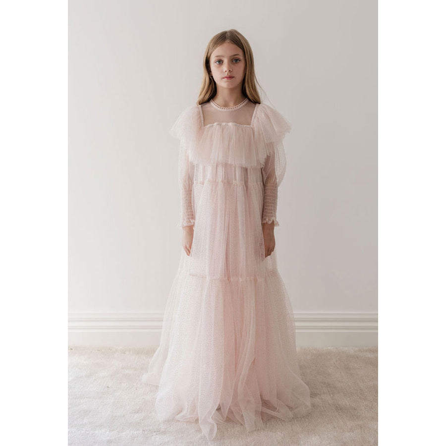 Petite Gold Soft Pink Glitter Tulle Gown
