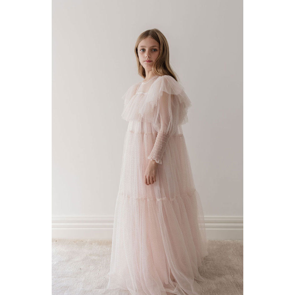 Petite Gold Soft Pink Glitter Tulle Gown