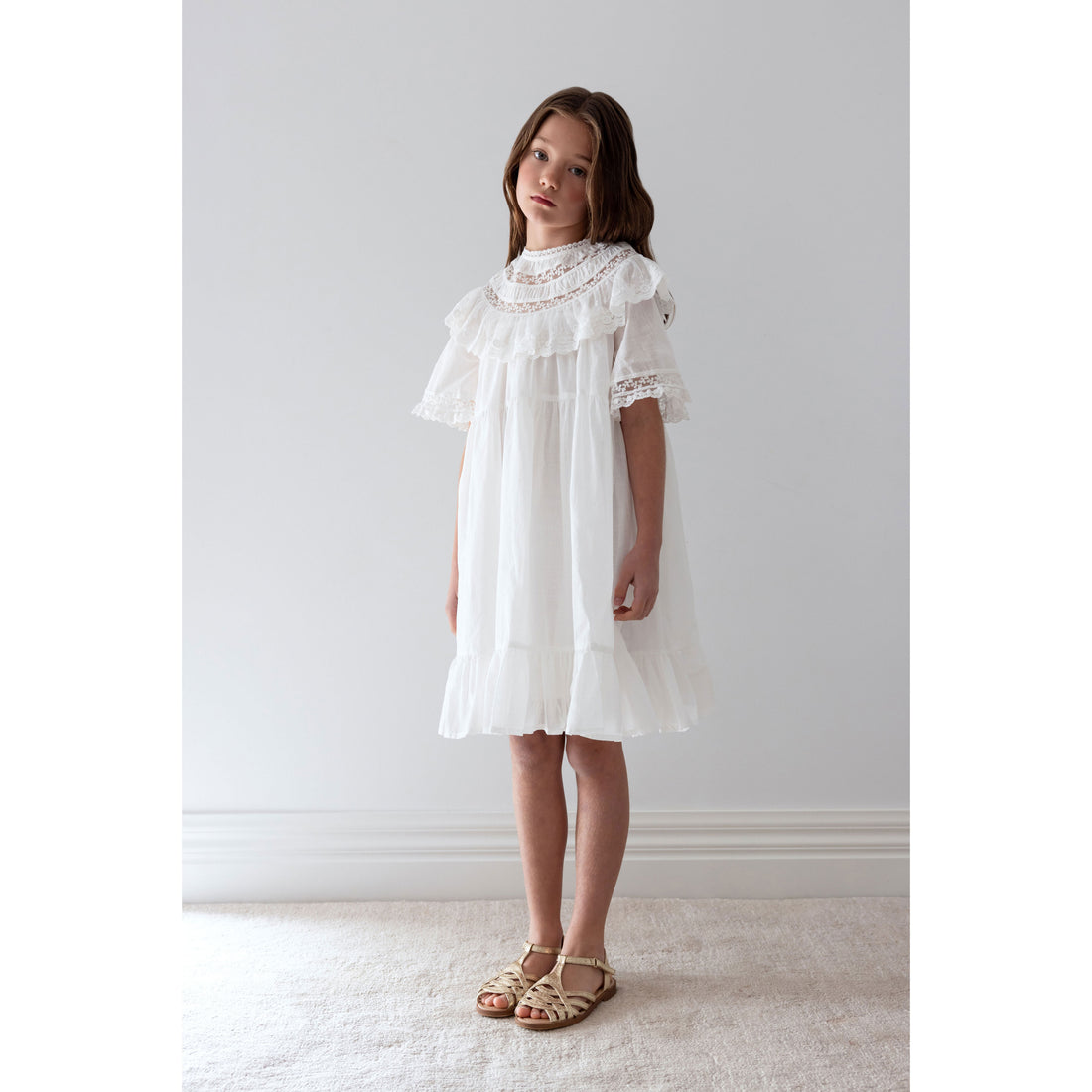 Petite Amalie  White Lace Trim Collar Smock Dress