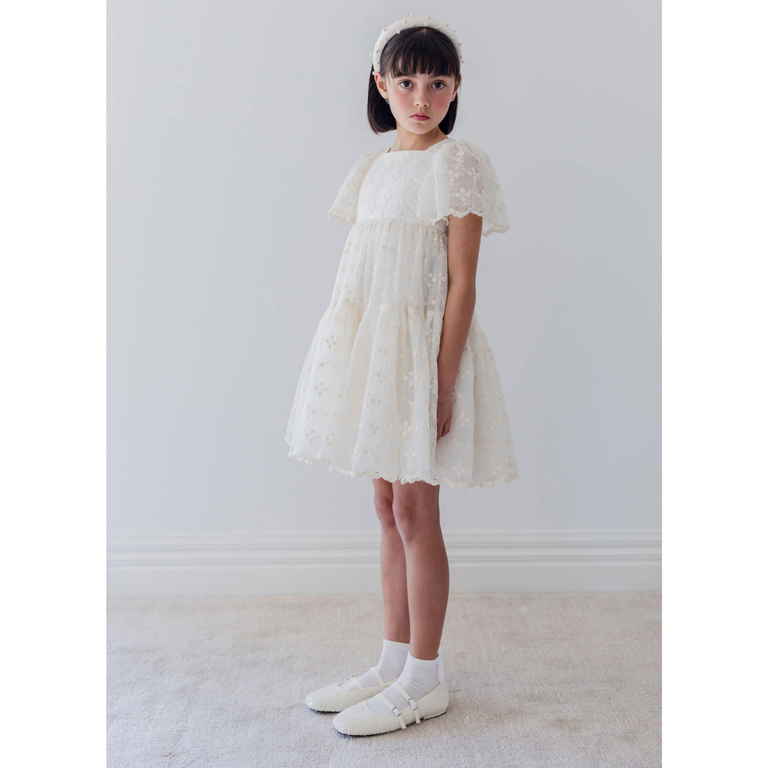 Petite Amalie  Ivory Trellis Embroidered Organza Dress