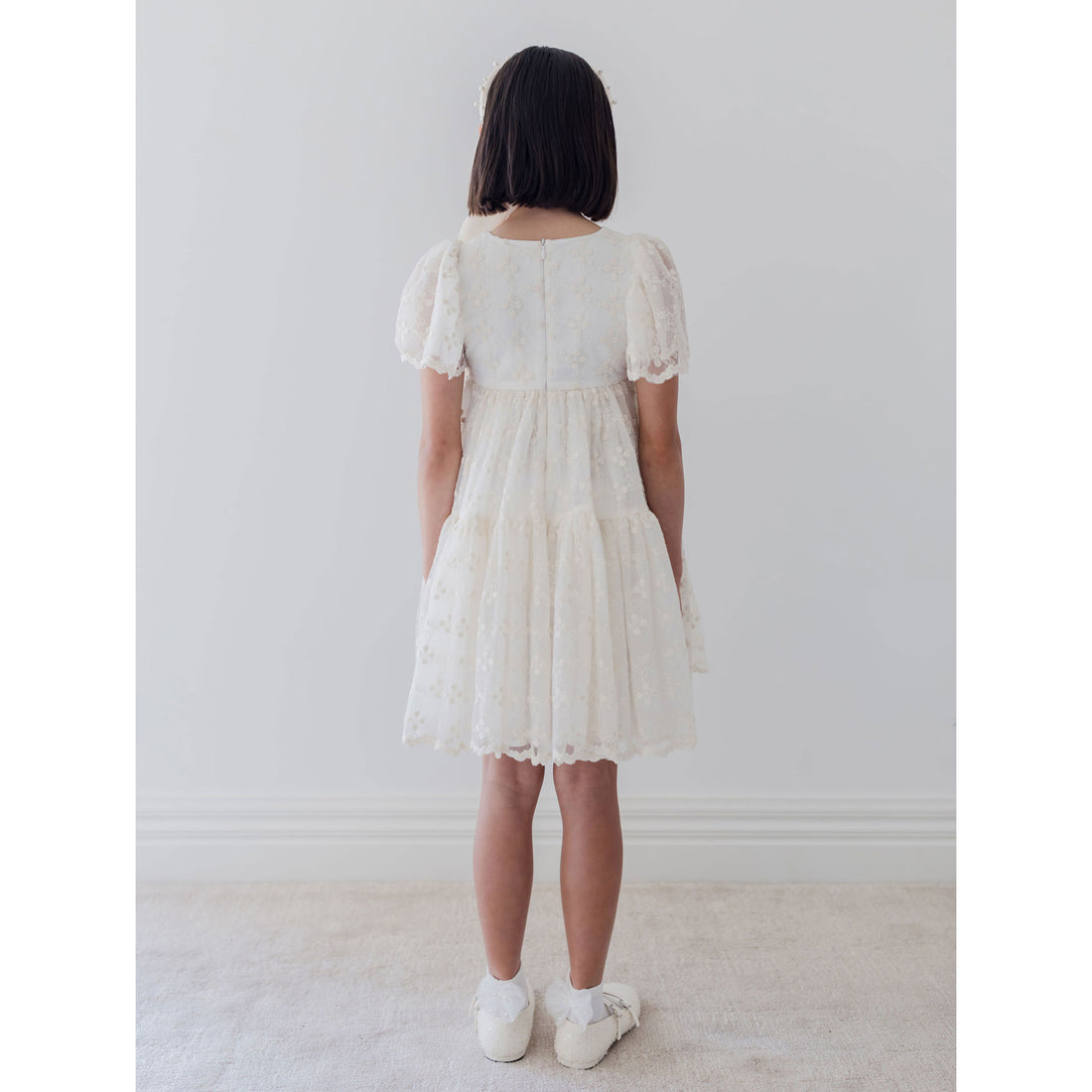 Petite Amalie  Ivory Trellis Embroidered Organza Dress
