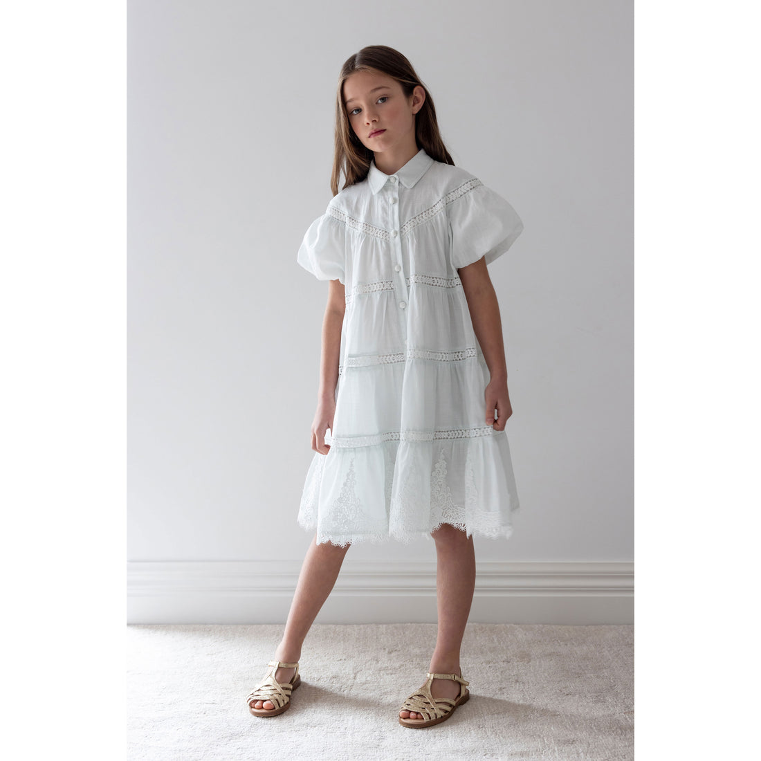 Petite Amalie Whisper Blue Lace Hem Shirt Dress 12