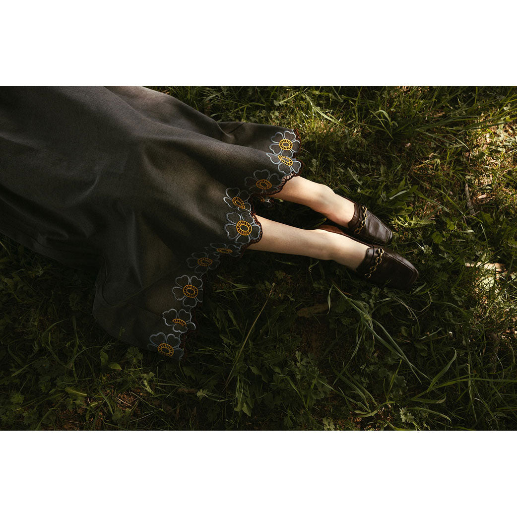 Ava and Lu Charcoal  Flower Embroidery Trim Skirt