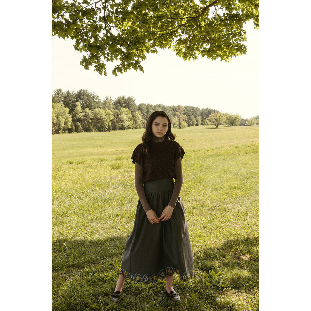 Ava and Lu Charcoal  Flower Embroidery Trim Skirt