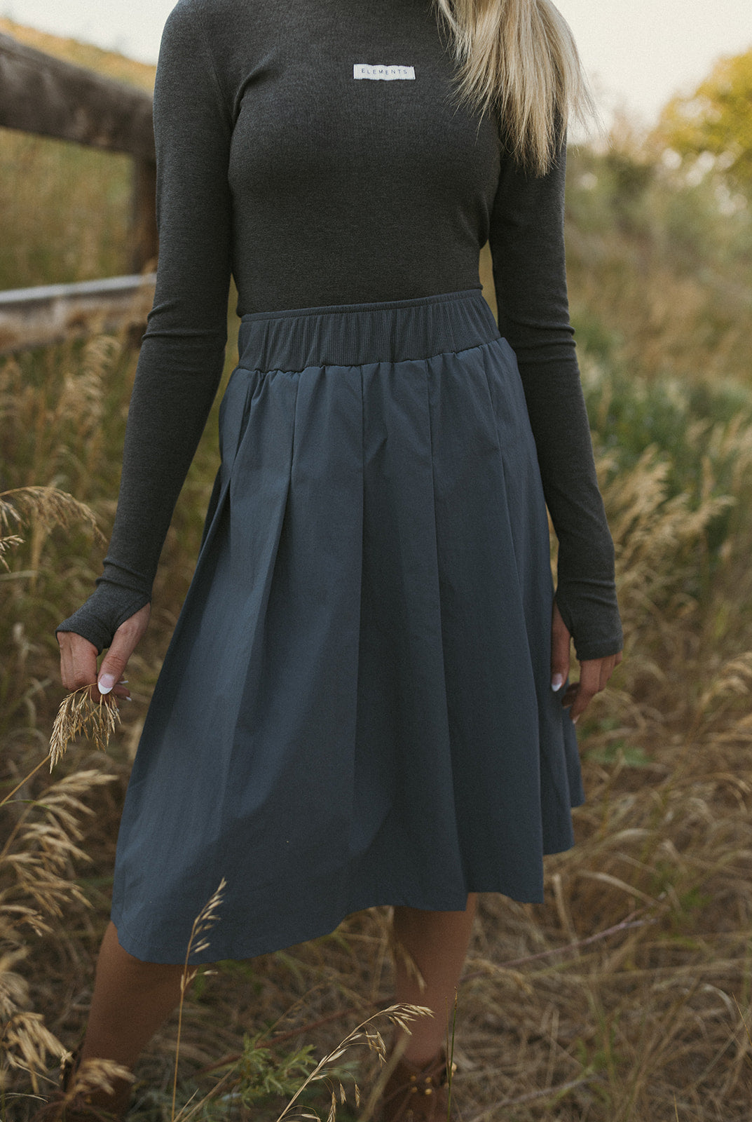ELEMENTS Slate Tafetta Pleated Knee Length Skirt