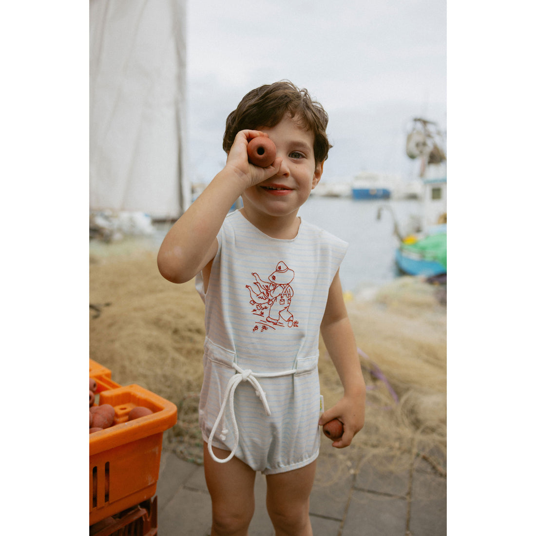 1984 Blue Striped Embroidered Romper