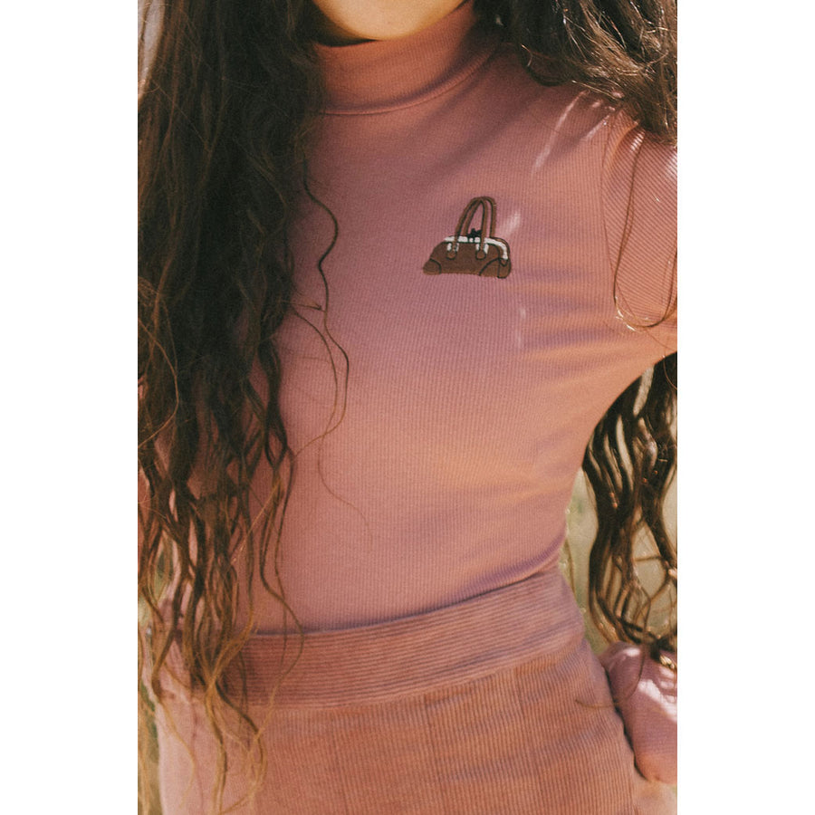 Clubhouse Pink Ribbed Purse Embroidered Turtleneck
