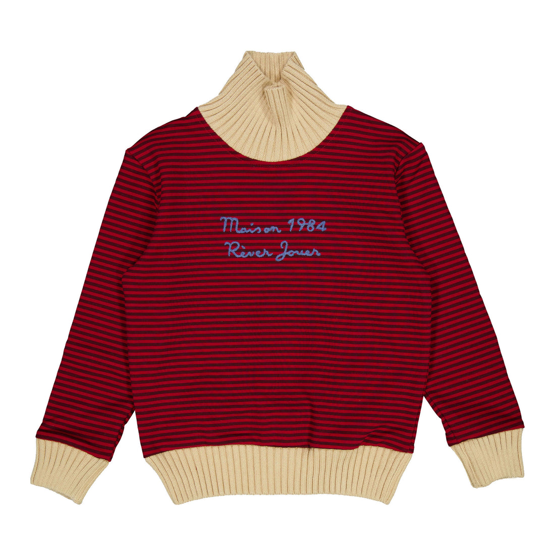 1984 Red Striped Embroidered Knit Turtleneck