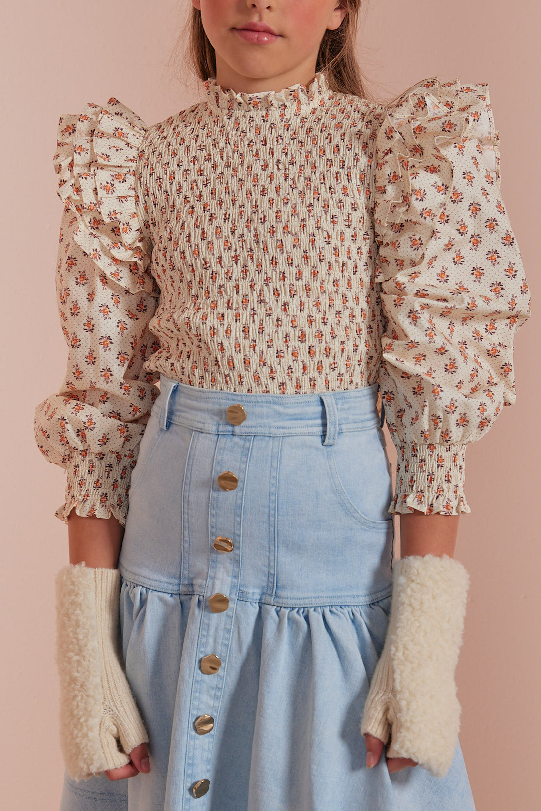 Petite Amalie Toffee Flower Cord Shirred Top