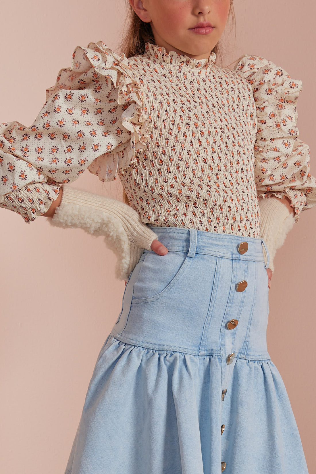 Petite Amalie Toffee Flower Cord Shirred Top