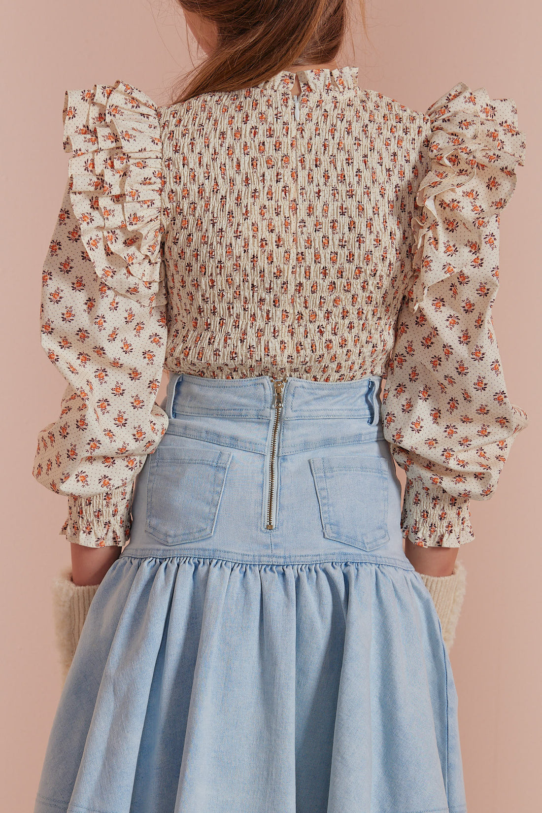 Petite Amalie Toffee Flower Cord Shirred Top
