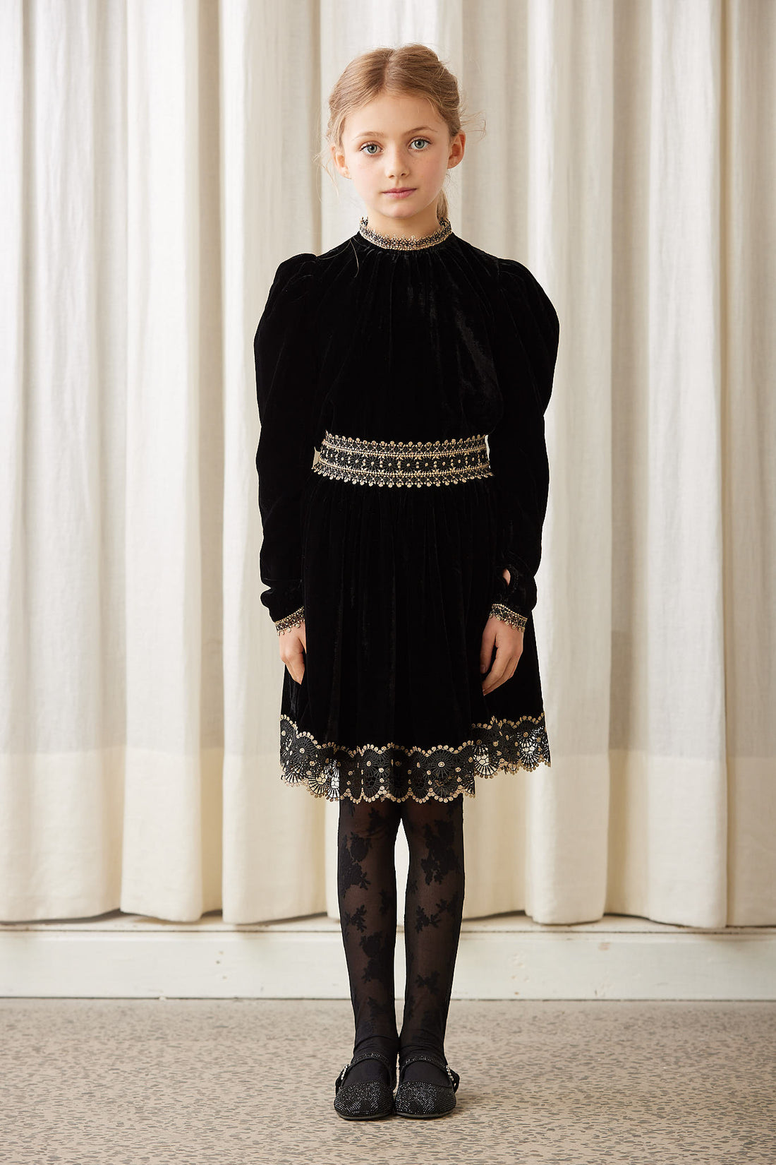 Petite Amalie Black Velvet Metalic Lace Blouse